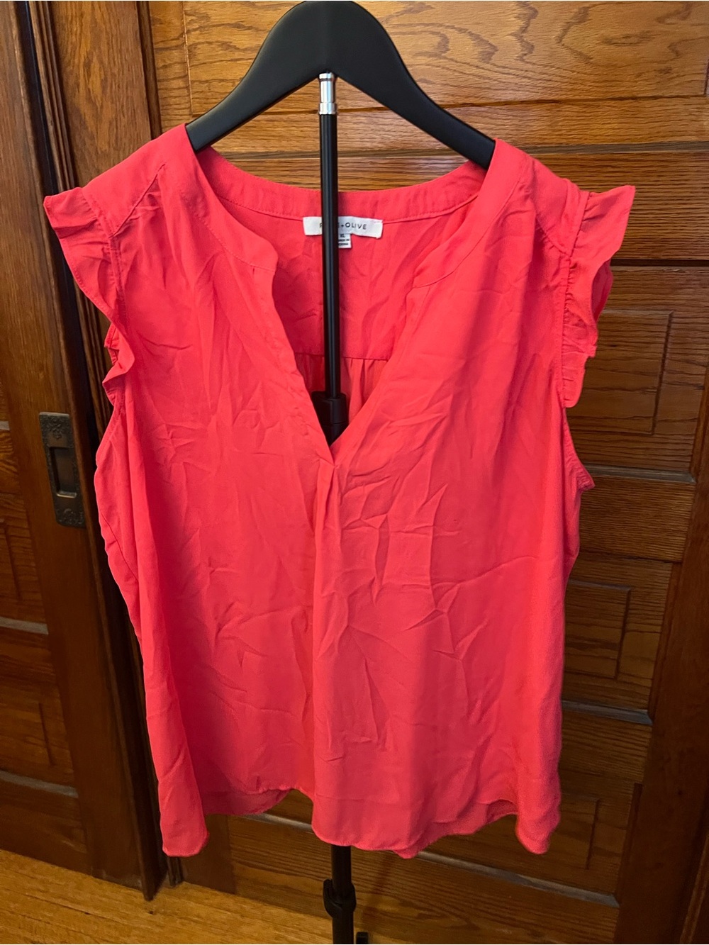 ROSE + OLIVE Coral Sleeveless Ruffle-Trim V-Neck Top